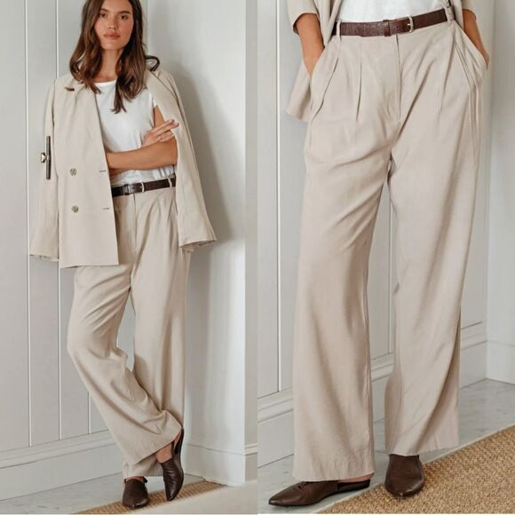 JENNI KAYNE Jones Wide Leg Double pleated Trouser in tan - Picture 1 of 14